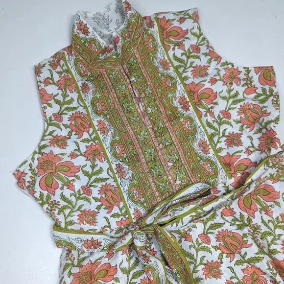 Sue Sartor Sleeveless Mini Flounce Green Orange Paisley Womens XL Preppy - Picture 2 of 9